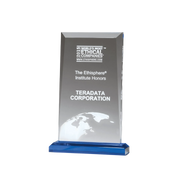 Clear glass award with blue base recognizing Teradata Corporation as one of the World's Most Ethical Companies.