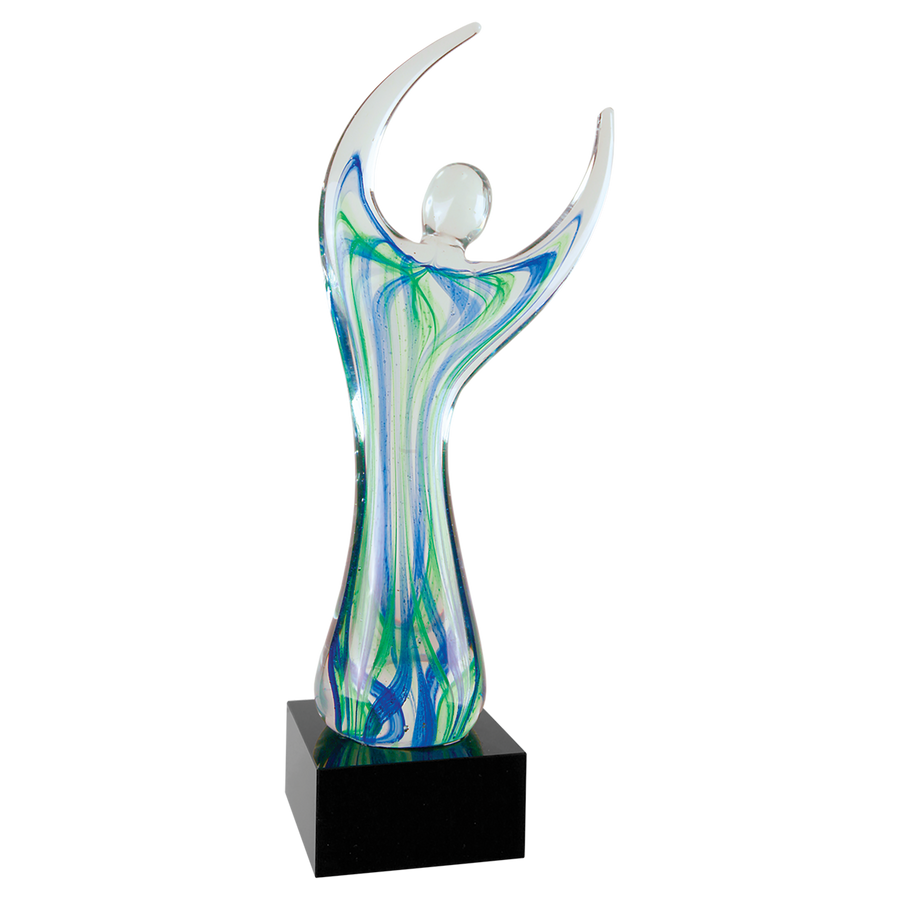 Raised Arms Art Glass corporate award with Square Black Base