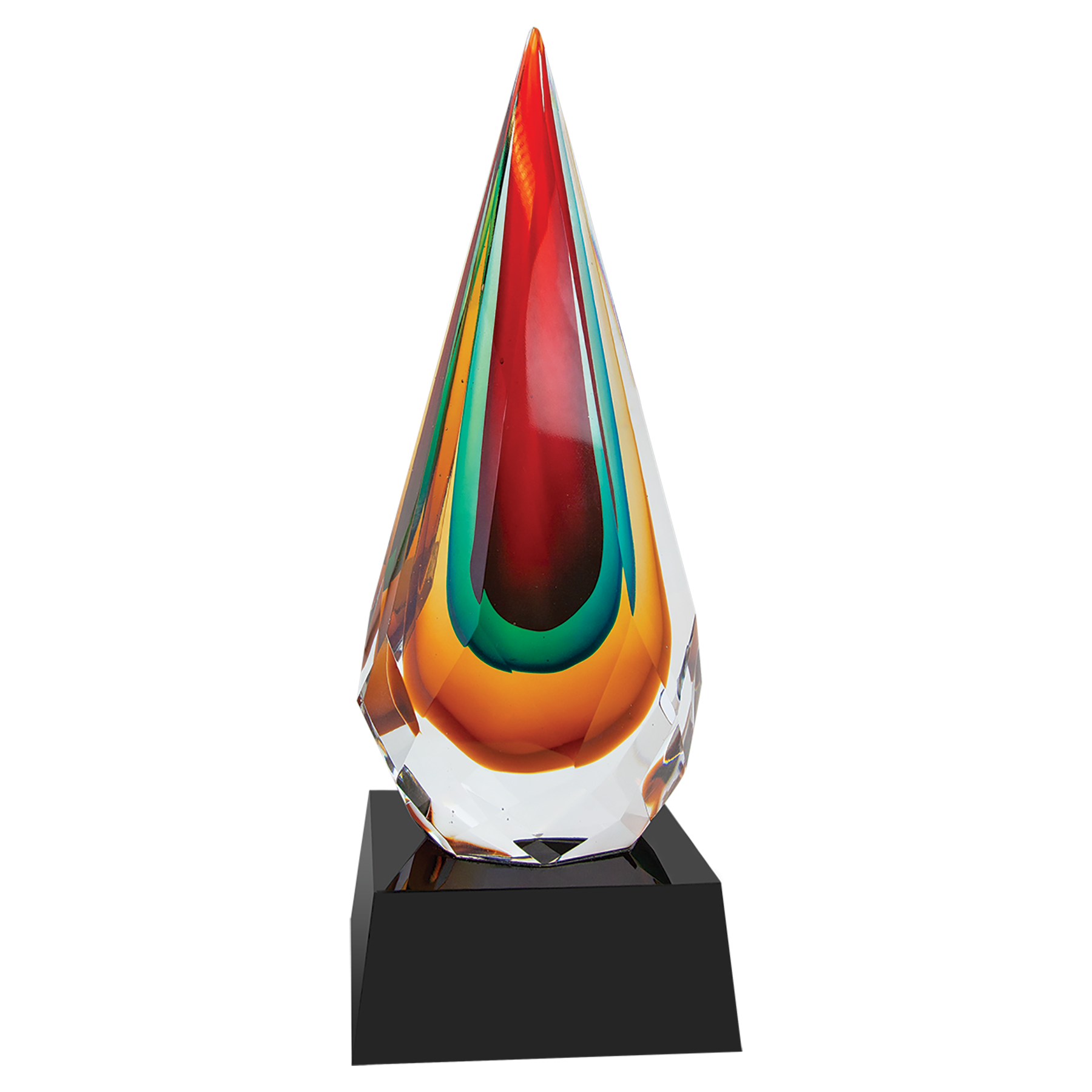 Colorful glass award on a black base against a white background
