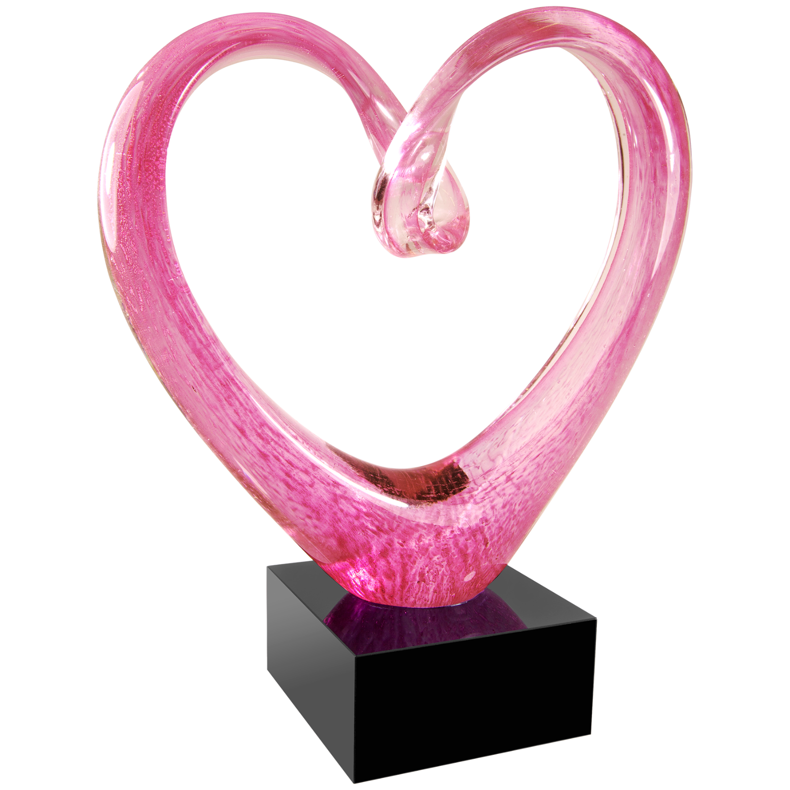 Pink heart-shaped glass sculpture on a black base against a white background