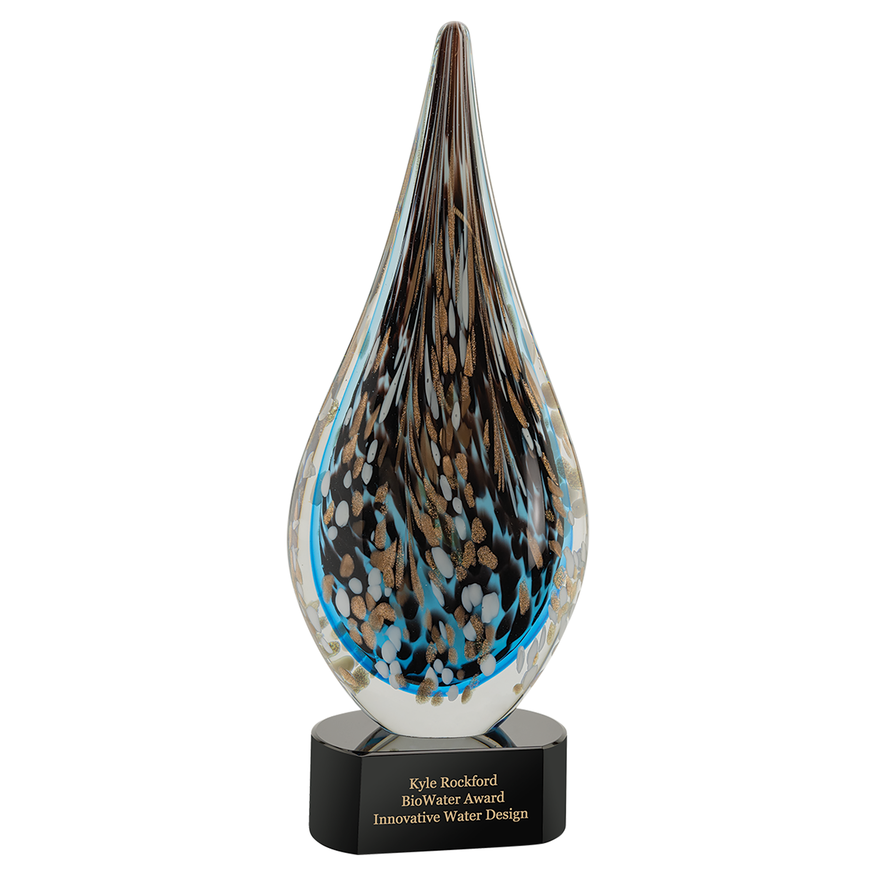 Decorative glass award with abstract design on a white background