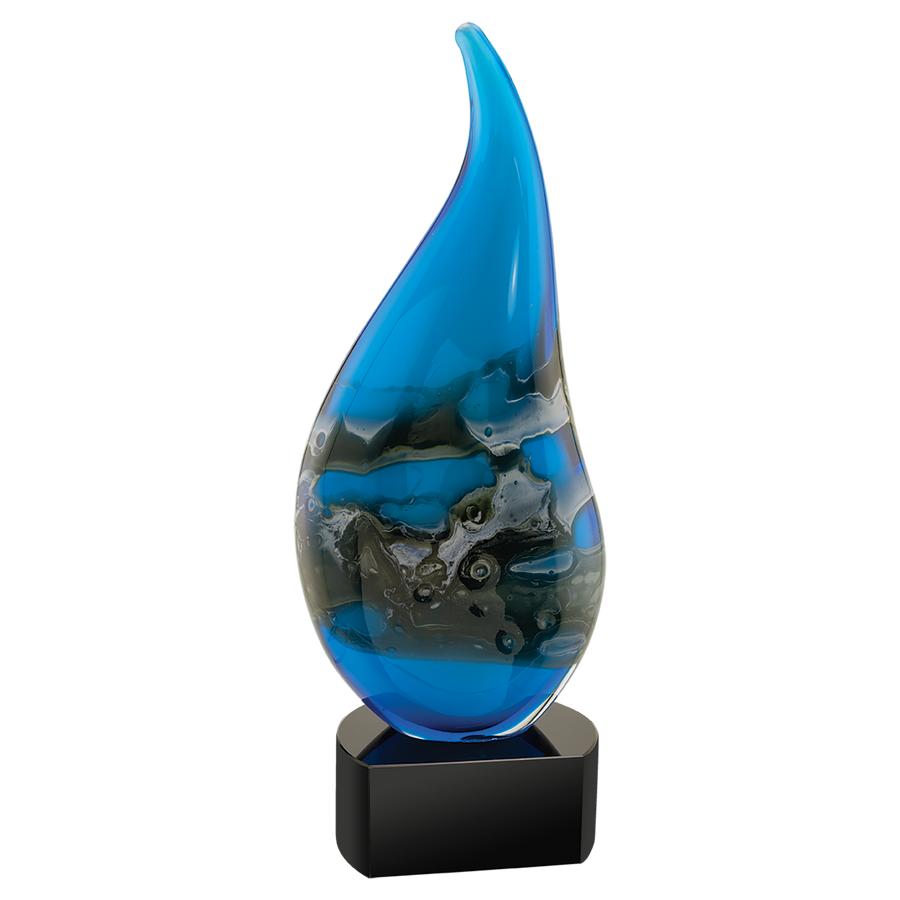 Blue glass sculpture corporate award on a black base against a gray background in the shape of a teardrop