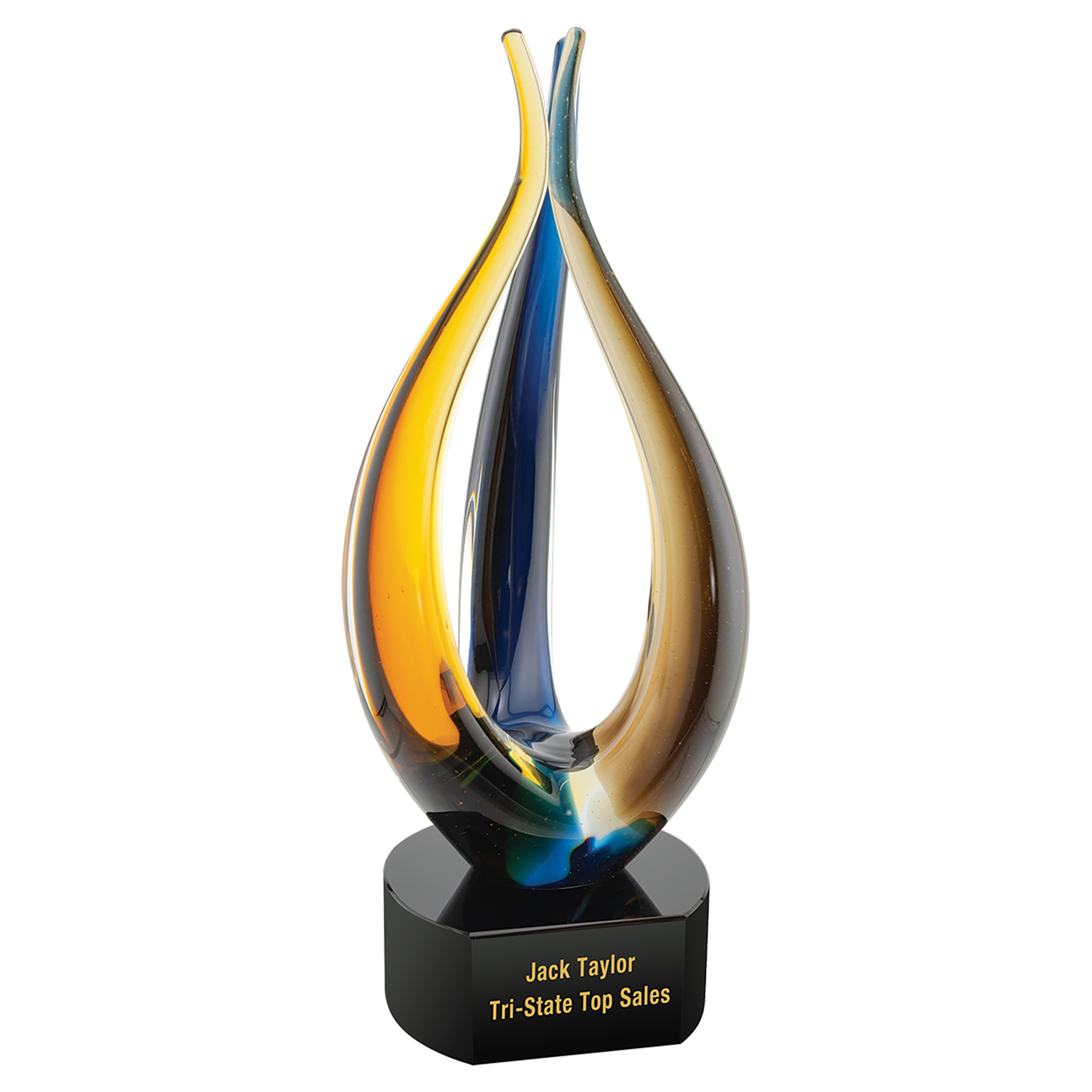 Colorful glass award with a black base on a white background