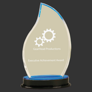 Glass award with blue accents and 'GearHead Productions' logo on a white background