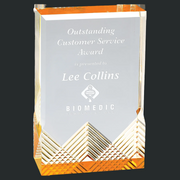 Acrylic corporate award with gold accents on a gray background