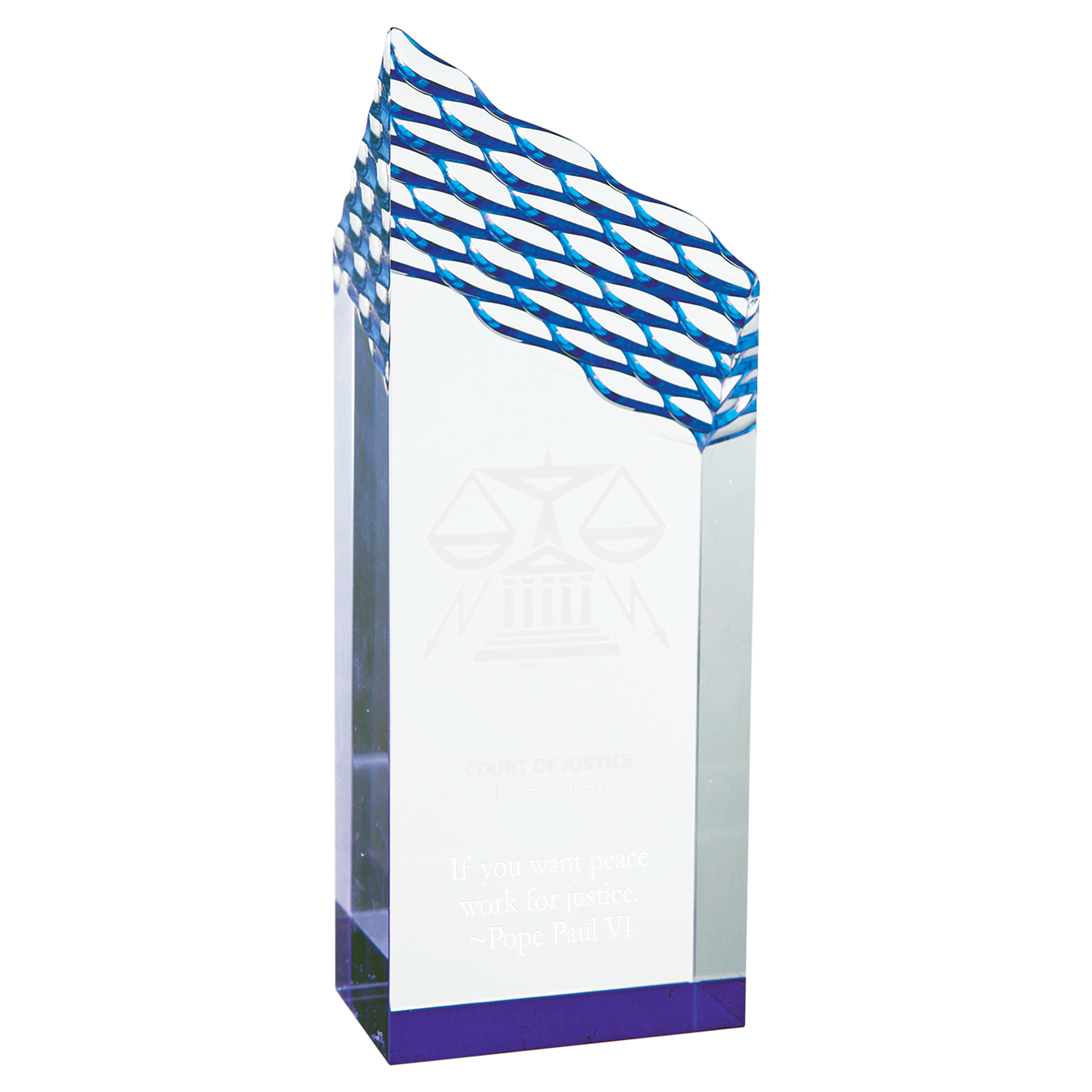 Clear acrylic award with blue wavy top on a white background